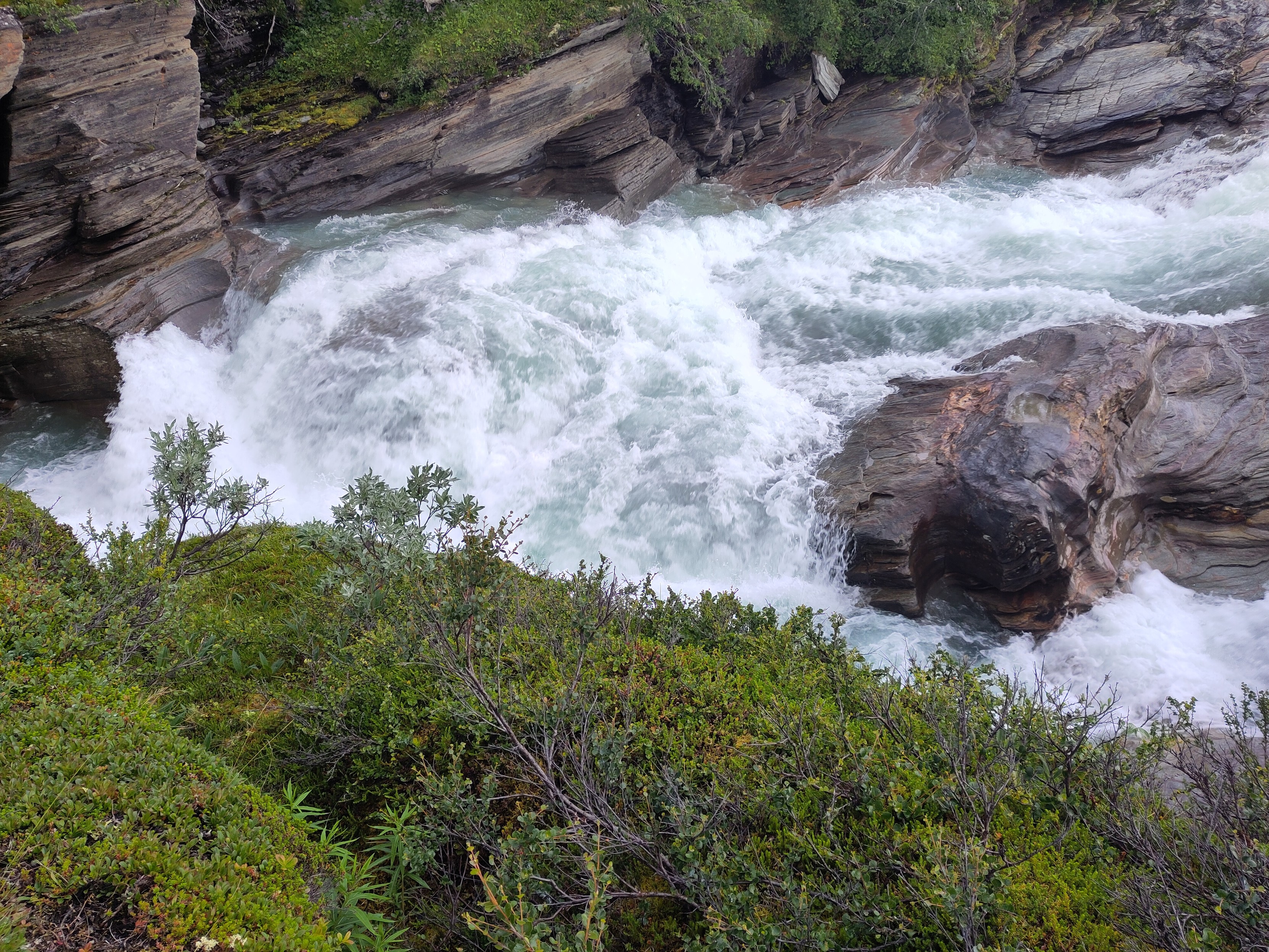 A large stream with white rapids, bordering on waterfall. The rock sides look sculpted by the water